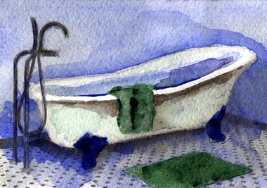 Watercolor sketch of modern bathroom on white background