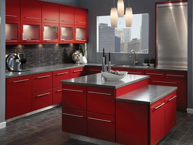 An incredibly stylish red kitchen in a Savannah luxury home