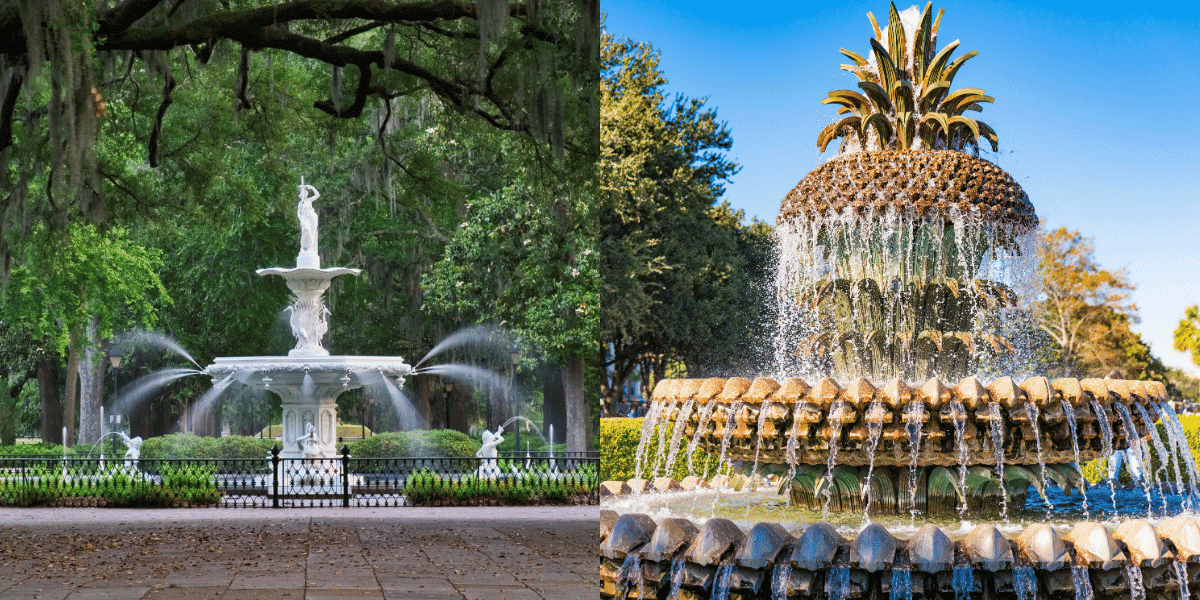 A split of Forsyth Fountain in Savannah, GA and Pineapple Fountain in Charleston, SC
