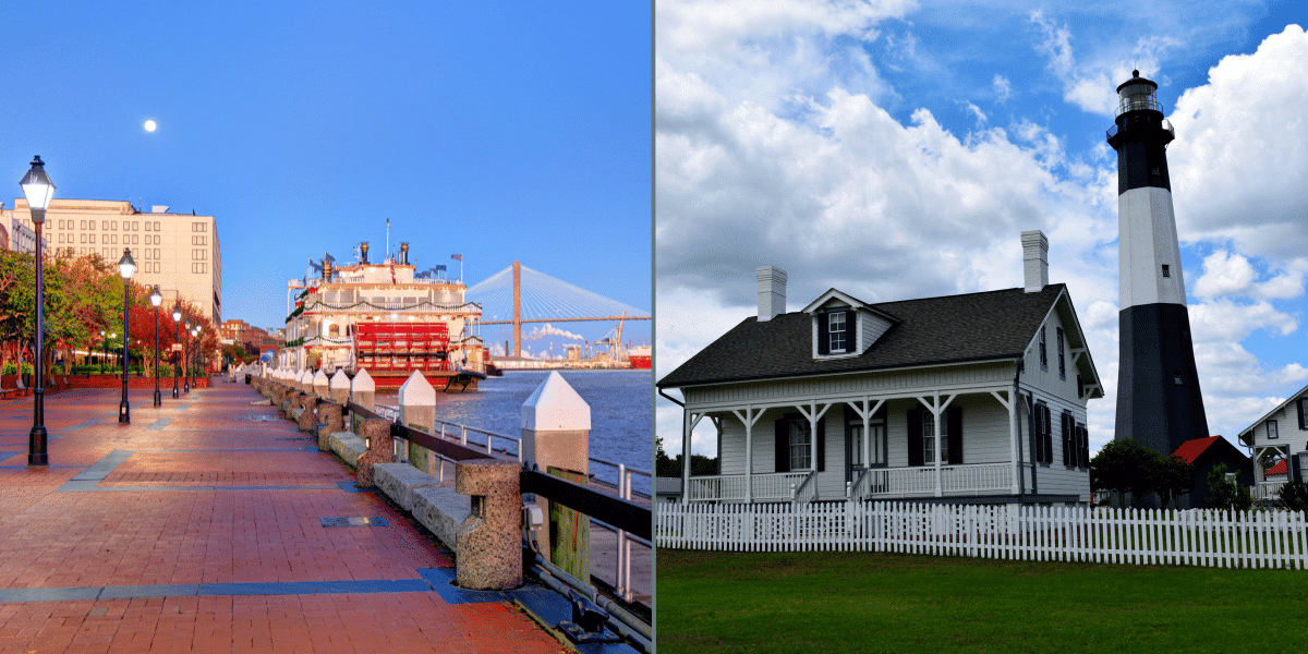 A split image of Downtown Savannah and Tybee Island, Georgia