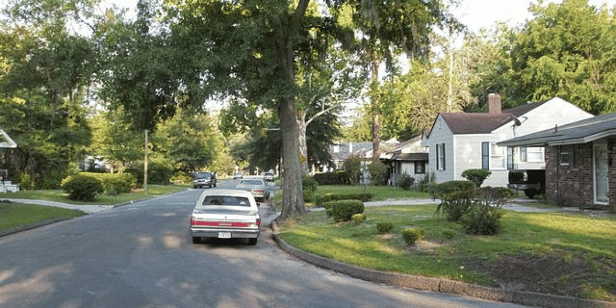 A view down a residential street in Ardsley Park, Savannah, Georgia